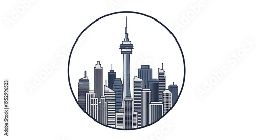 A minimalist illustration of a modern cityscape with a prominent tall tower and surrounding skyscrapers, enclosed within a circular frame, in shades of blue and grey.
