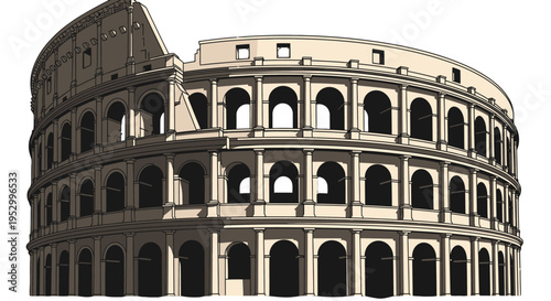 An architectural illustration of the ancient Roman Colosseum, depicting its iconic elliptical amphitheater structure with multiple arched tiers.