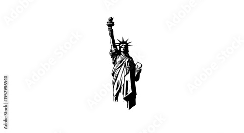 A striking black and white illustration of the iconic Statue of Liberty, a symbol of freedom and democracy, standing tall with her torch raised.