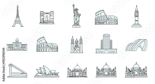 A collection of iconic world landmarks and famous architectural structures depicted as minimalist line art icons, showcasing global travel destinations.