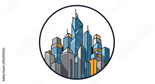 Stylized illustration of a modern cityscape with tall skyscrapers and buildings within a circular frame, featuring blue, grey, and yellow accents.