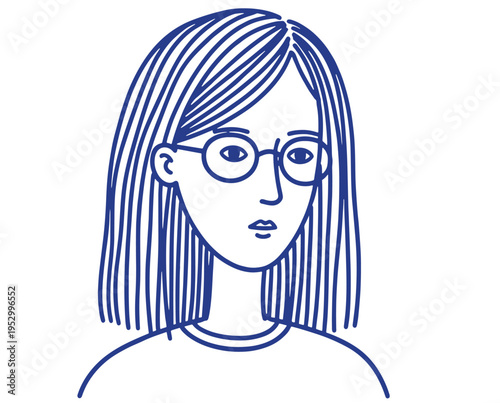 Minimal Line Art Portrait of Young Woman with Glasses Clean Blue Outline Female Avatar Vector Illustration