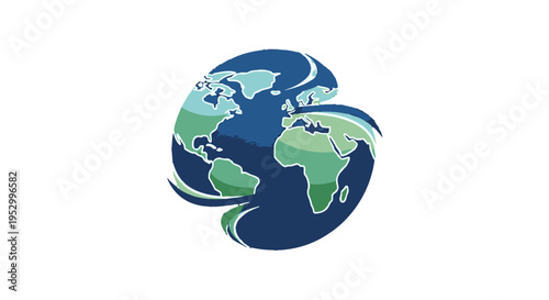 Stylized graphic illustration of two intertwined globe halves showing blue oceans and green continents, representing global connection and environmental themes.