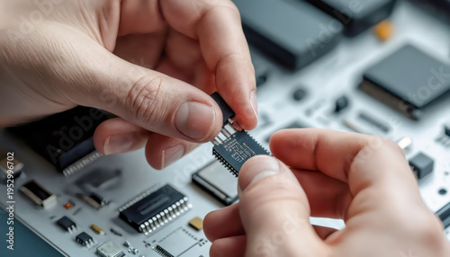 A person is focused on installing a microchip onto a circuit board in a tech workshop. Tools and other tech components are visible around.