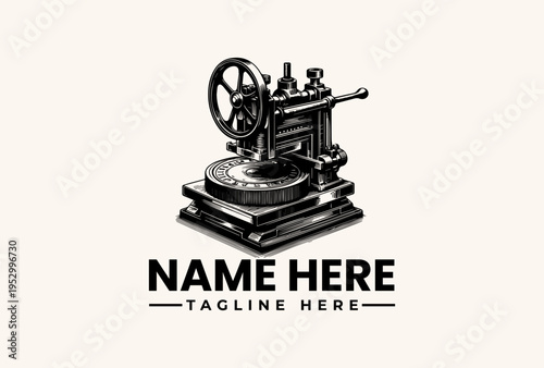 Black and white illustration of a vintage sewing machine with a placeholder name and tagline on a clean white background, featuring a logo and vector design elements.
