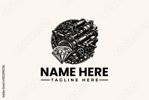 Black and white logo design featuring a diamond surrounded by industrial tools on a beige background with placeholder text for a company name and tagline.