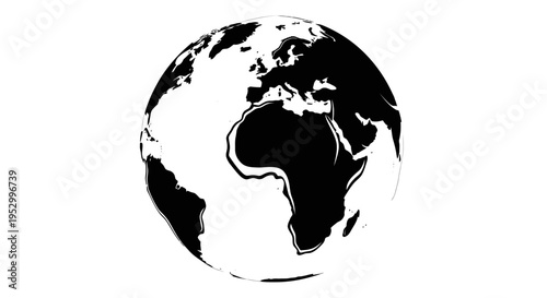 Stylized black and white illustration of the Earth globe showing continents like Africa, Europe, and the Americas.