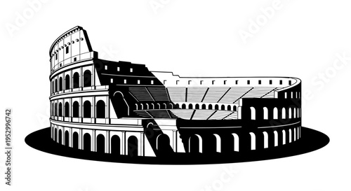 Stylized black and white illustration of the ancient Roman Colosseum amphitheater, showcasing its iconic architectural structure.