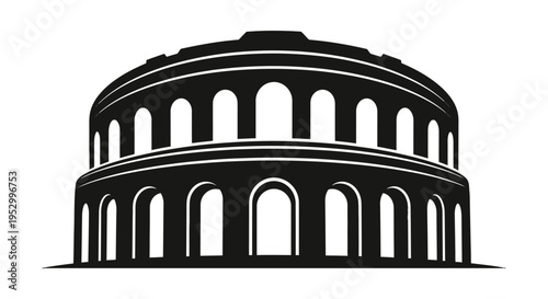 Black silhouette illustration of an ancient Roman amphitheater with multiple arched levels, depicting a historical architectural landmark.