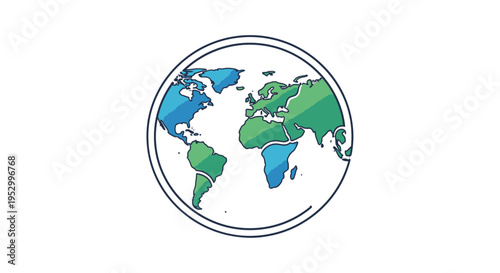 Stylized illustration of a world map globe with continents in green and blue, encircled by a thin line, on a white background.