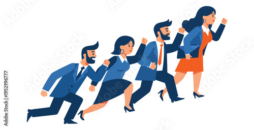 Group of diverse business people in suits running up stairs in success forward movement and progress