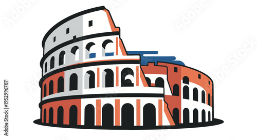 Stylized illustration of the ancient Roman Colosseum, a famous amphitheater and iconic landmark in Rome, Italy, depicted with clean lines and a modern aesthetic.