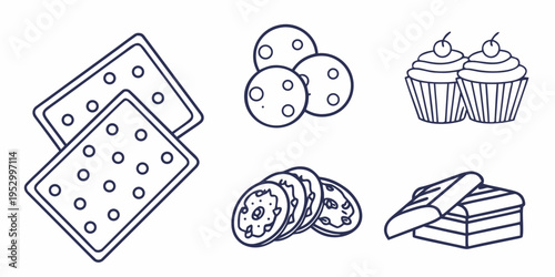 Black line of cookies and baked goods chocolate chip cookies wafers cupcakes bakery
