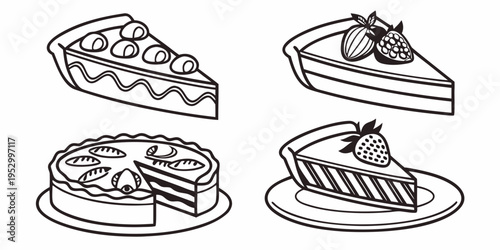 Black line of various pie and cake types cakes desserts line food