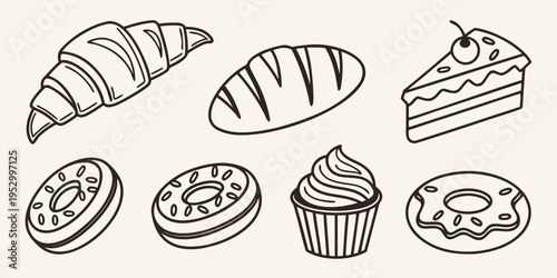 Black line of various baked goods bread pastry cake donut