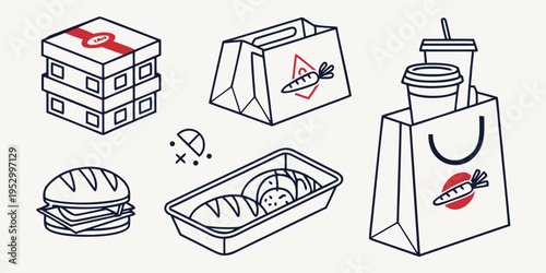 Black line of fast food and takeout containers