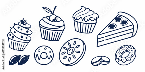 Blue line of various desserts and sweets cupcakes cakes donuts