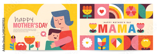 Happy Mother's Day greeting banner with mother and child, flowers, hearts, rainbow and colorful retro geometric shapes in flat illustration style on warm background.