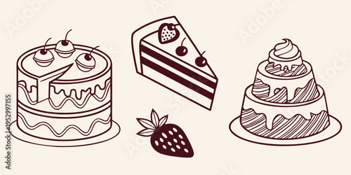 Brown line of cakes and desserts line sweets bakery