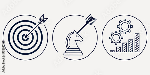 Business strategy in black business strategy target knight chess piece gears and charts