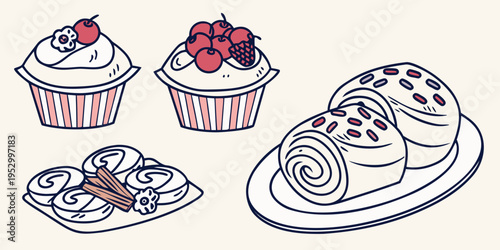 Colorful line of cupcakes and cinnamon rolls dessert sweet treat