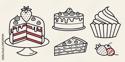 Colorful of cakes and cupcakes with strawberries strawberry dessert bakery