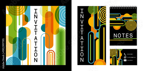 Carte d’invitation, flyer, carnet, carte de visite, avec des formes abstraites colorées, graphiques et moderne - fond blanc ou noir.