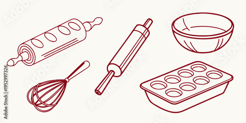 Red line of baking tools and equipment rolling pin whisk