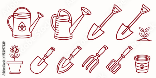 Red line of gardening tools watering can shovel trowel