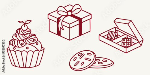 Red line of desserts and gift box cupcake cookies line red