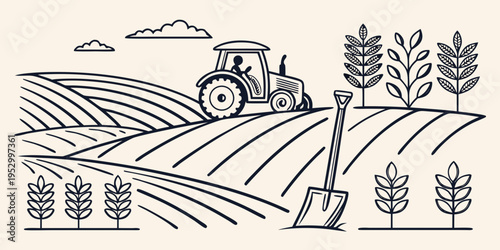 Tractor plowing a field with shovel and plants farming agriculture