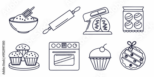 Various baking and tools baking kitchen tools rolling pin mixer oven muffins