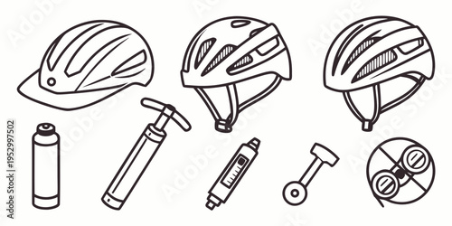 Bicycle helmets and accessories on white background bike accessories line helmets