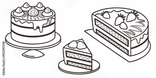 Black and white of cakes and cake slice dessert sweets