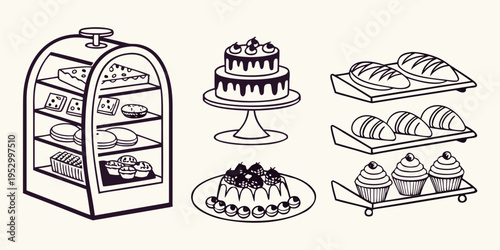 Black and white bakery with various desserts and bread cake