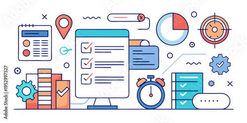 Business productivity and checklist on computer screen with office supplies