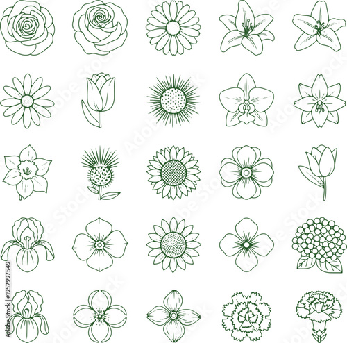 Assorted green line art flower icons displaying lilies sunflowers and tulips in stylized circular badges for branding works