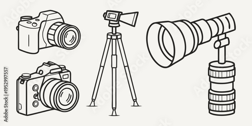 Camera equipment on white background line white background cameras tripod lenses