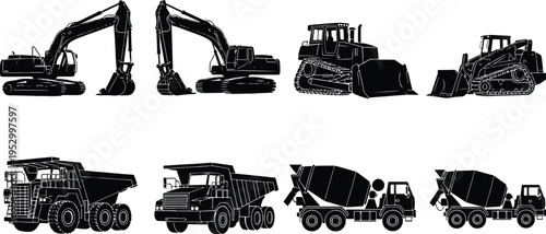 Construction machinery silhouettes. heavy equipment like excavators, bulldozers, dump trucks, and concrete mixers