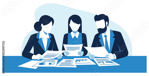 Three diverse business professionals in dark suits at table reviewing documents charts and reports