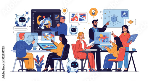 Illustration of a diverse team collaborating on an concept in a flat 2D style with various graphics and screens, conveying a modern and innovative mood.