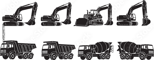 Set of construction machinery silhouettes with white outlines. heavy equipment like excavators, bulldozers, dump trucks, concrete mixers