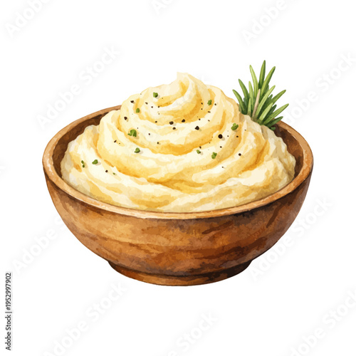 A watercolor mashed potatoes in a rustic wooden bowl, featuring creamy texture with butter tones and herb garnish, isolated on a transparent background.