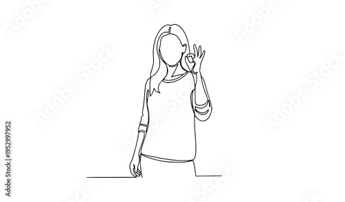Minimal woman OK sign hand gesture continuous line art vector illustration
