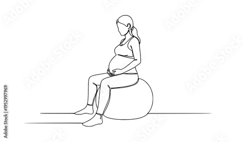 Pregnant woman exercising on fitness ball continuous line art vector illustration