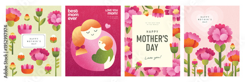Set of Mother's Day greeting cards and posters with flowers, mother and child, floral frames and typography in soft pastel flat geometric illustration style for spring celebration.