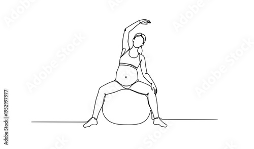 Minimal pregnant woman workout with stability ball line art vector illustration