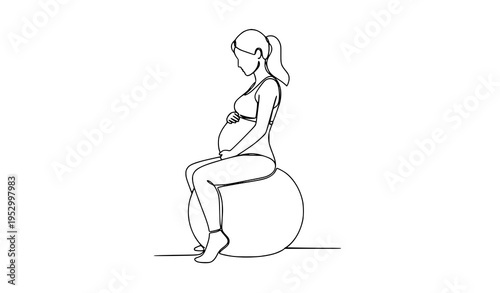 Continuous line art pregnant woman on exercise ball maternity fitness vector illustration
