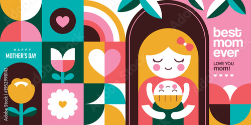 Mother's Day geometric greeting banner with woman holding baby, flowers, hearts and colorful retro shapes in flat illustration style with decorative typography and abstract layout.