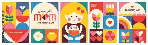 Set of Mother's Day greeting cards with flowers, hearts, mom text, baby portrait and colorful retro geometric shapes in flat illustration style for posters, covers and banners.